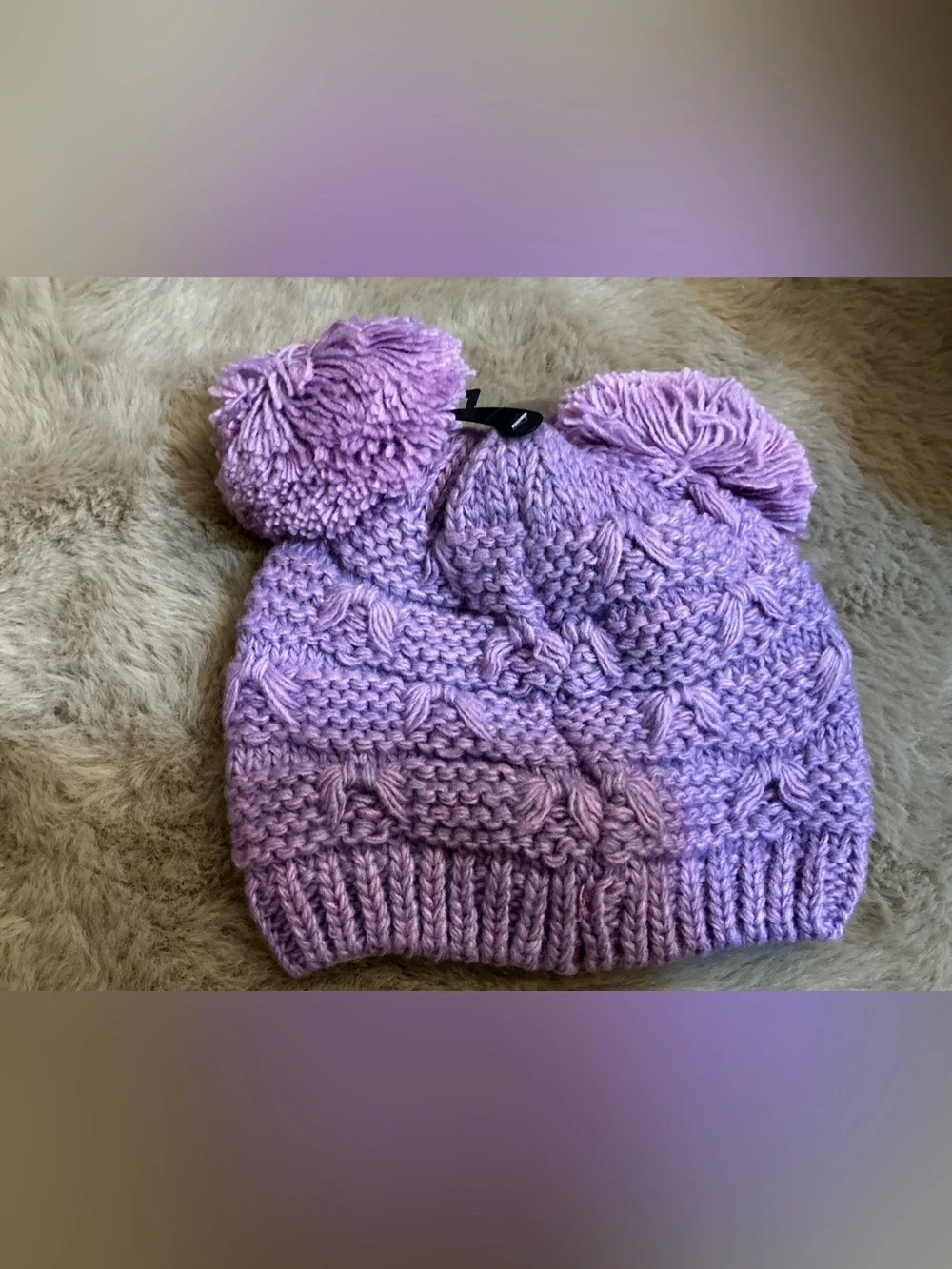 C.C Kids Lavender Purple Cable Knit Double Pom Pom Beanie Hat NWT Youth One Size